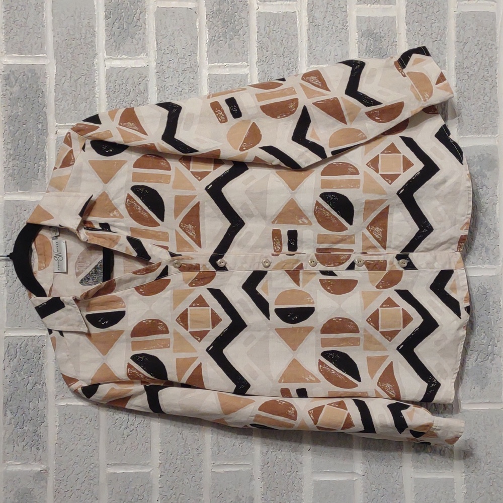 100% Linen Studio Works Geometric Button Down with Roll Tab Sleeves Size Small